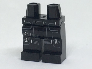 Display of LEGO part no. 970c00pb0672 which is a Black Hips and Legs with Two Straps on Right Leg, One Strap on Left Leg and Dark Bluish Gray Lines Pattern 