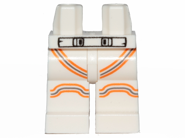 Display of LEGO part no. 970c00pb0973 which is a White Hips and Legs with Black Outlined Belt, Dark Bluish Gray and Orange Stripes Pattern 