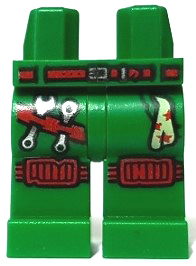 Display of LEGO part no. 970c00pb0991 which is a Green Hips and Legs with Red Belt, Silver Buckle, Knee Pads, Tool Belt with Tools, Handkerchief with Stars Pattern 