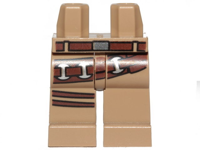 Display of LEGO part no. 970c00pb1018 which is a Dark Tan Hips and Legs with Reddish Brown Belt with 3 Buckles and 2 Straps Pattern 