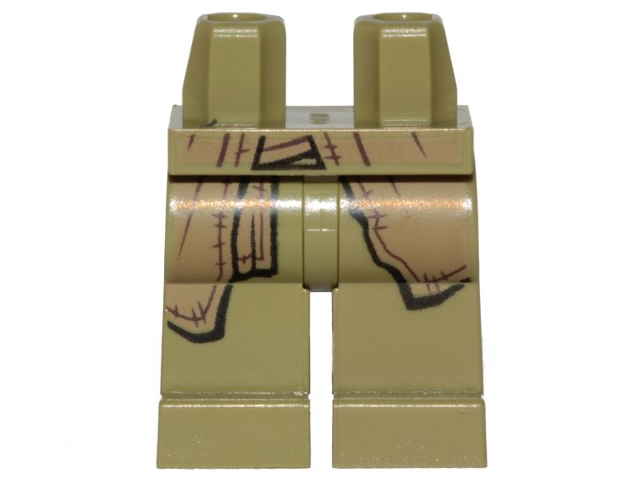 Display of LEGO part no. 970c00pb1022 which is a Olive Green Hips and Legs with SW Dark Tan Worn Robe Pattern 