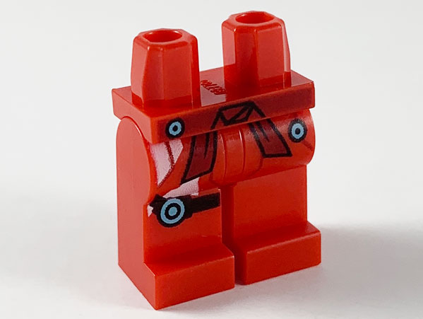 Display of LEGO part no. 970c00pb1068 which is a Red Hips and Legs with Dark Sash and Medium Azure Circles Pattern 
