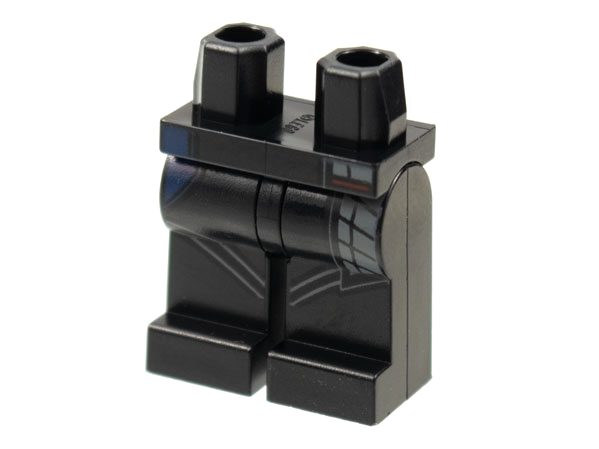 Display of LEGO part no. 970c00pb1258 which is a Black Hips and Legs with Dark Bluish Gray Grid on Left Side, Dark Blue Pocket on Right Pattern 