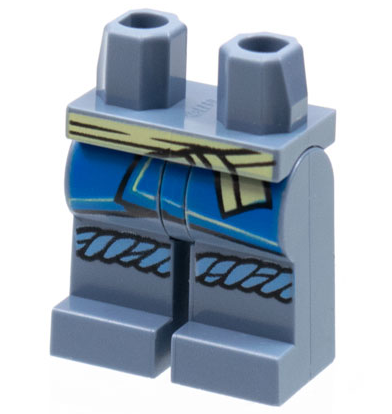 Display of LEGO part no. 970c00pb1307 which is a Sand Blue Hips and Legs with Bright Light Yellow Sash, Blue Robe Ends, Medium Blue Knee Wrappings Pattern 