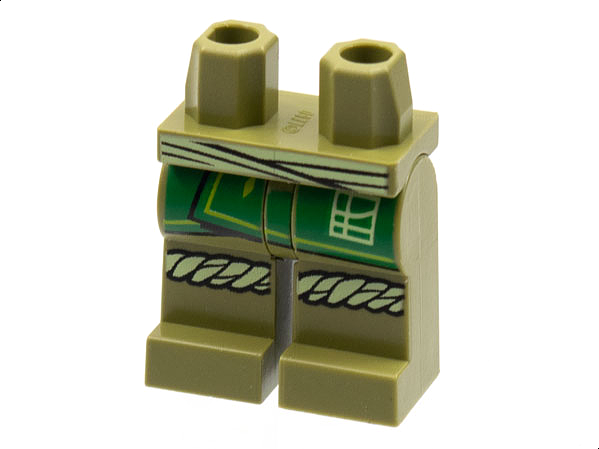 Display of LEGO part no. 970c00pb1308 which is a Olive Green Hips and Legs with Yellowish Green Sash and Knee Wrappings, Green Robe Ends with Lime Trim Pattern 