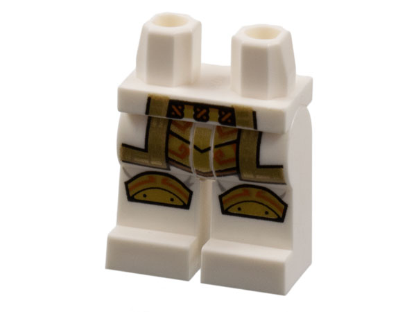 Display of LEGO part no. 970c00pb1397 which is a White Hips and Legs with Gold Robe Hem, Armor, and Knee Pads Pattern 