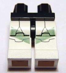 Display of LEGO part no. 970c01pb02 which is a Black Hips and White Legs with SW Clone Trooper and Sand Green Markings Pattern 