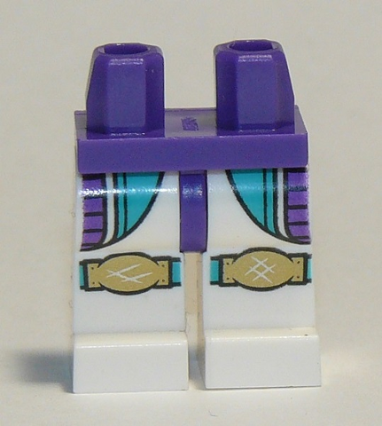 Display of LEGO part no. 970c01pb52 which is a Dark Purple Hips and White Legs with Dark Turquoise and Pockets and Gold Knee Pads Pattern 