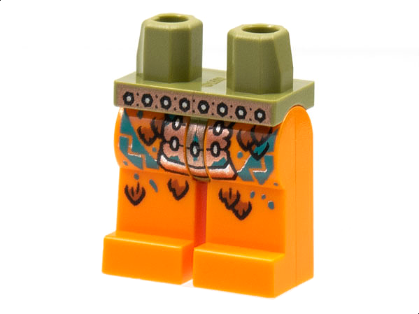 Display of LEGO part no. 970c04pb13 which is a Olive Green Hips and Orange Legs with Copper Belt and Armor, Dark Orange and Dark Turquoise Scales Pattern 