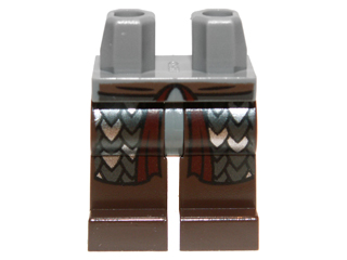 Display of LEGO part no. 970c120pb01 which is a Dark Bluish Gray Hips and Dark Brown Legs with Scale Mail Pattern 