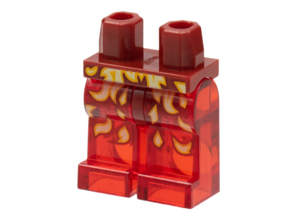 Display of LEGO part no. 970c17pb01 which is a Dark Red Hips and Trans-Red Legs with Bright Light Orange and White Flames Pattern 