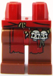 Display of LEGO part no. 970c88pb04 which is a Dark Red Hips and Reddish Brown Legs with Loincloth and Skulls Pattern 