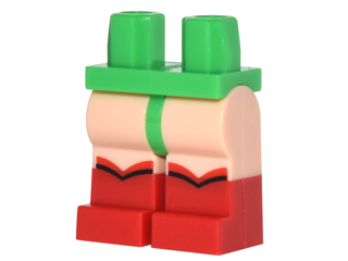 Display of LEGO part no. 970c90pb07 which is a Bright Green Hips and Light Nougat Legs with Red Boots Pattern 