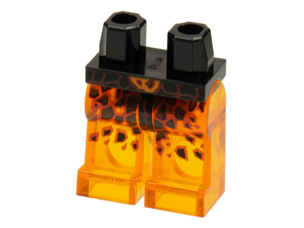 Display of LEGO part no. 970c98pb01 which is a Black Hips and Trans-Orange Legs with Red Rimmed Lava Stone Spots Pattern 