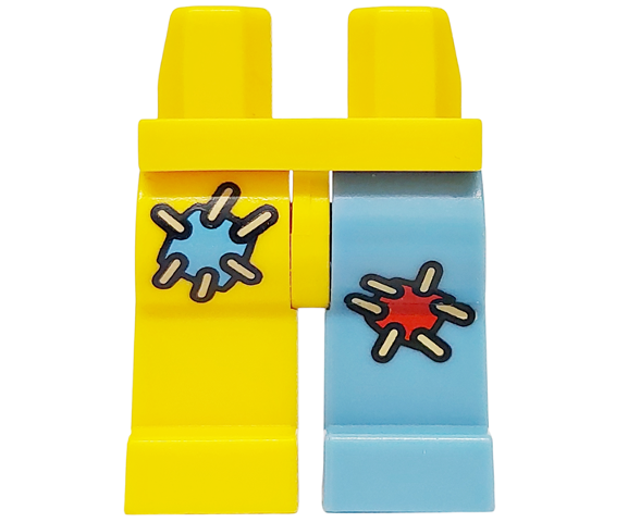 Display of LEGO part no. 970d37pb01 which is a Yellow Hips and 1 Medium Blue Left Leg with Red Patch, 1 Right Leg with Medium Blue Patch Pattern 
