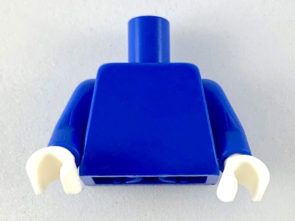 Display of LEGO part no. 973c021 which is a Blue Torso Plain / Arms / White Hands 