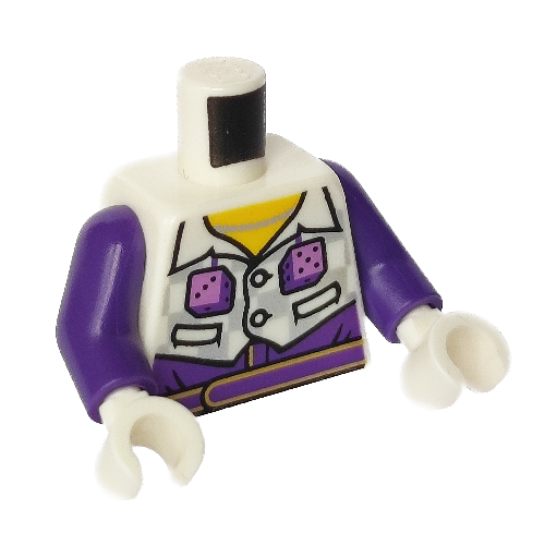 Display of LEGO part no. 973pb4475c01 which is a White Torso Jacket, Pockets, Dice, Light Bluish Gray Checkered Pattern / Dark Purple Arms / Hands