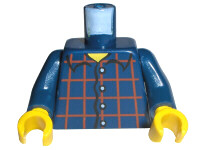 Display of LEGO part no. 973pb0086c01 which is a Dark Blue Torso Shirt Dark Red Plaid, 4 White Buttons, Narrow Yellow Neck Pattern / Arms / Yellow Hands 