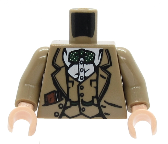 Display of LEGO part no. 973pb0132c01 which is a Dark Tan Torso Indiana Jones Vest, Jacket, Dark Green Bow Tie, and Diary in Pocket Pattern / Arms / Light Nougat Hands 