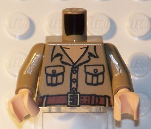 Display of LEGO part no. 973pb0455c01 which is a Dark Tan Torso Open Collar, 2 Pockets, Buttons, and Belt Pattern (Rene Belloq) / Arms / Light Nougat Hands 