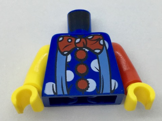 Display of LEGO part no. 973pb0660c03 which is a Blue Torso Suspenders and Red Polka Dot Bow Tie and Buttons Pattern (Clown) / Red Arm Left / Yellow Arm Right / Yellow Hands 