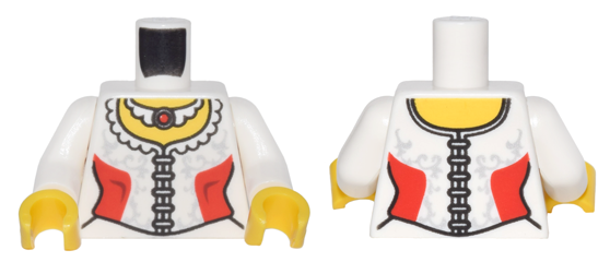 Display of LEGO part no. 973pb0698c01 which is a White Torso Female Corset with Ruffled Collar, Red Side Panels, and Light Bluish Gray Filigree, Necklace with Round Jewel, Yellow Neck Pattern / Arms / Yellow Hands 