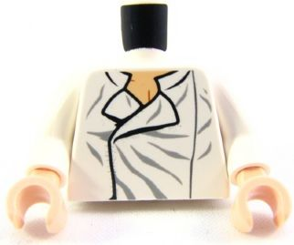 Display of LEGO part no. 973pb0725c01 which is a White Torso SW Shirt Open Collar with Wrinkles Pattern (Han Solo) / Arms / Light Nougat Hands 