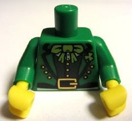 Display of LEGO part no. 973pb1064c01 which is a Green Torso Suit Jacket with Dark Vest, Lime Bow Tie and Gold Belt Buckle Pattern / Arms / Yellow Hands 