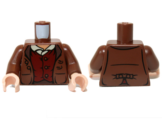 Display of LEGO part no. 973pb1140c01 which is a Reddish Brown Torso LotR Jacket Rumpled and Red Vest Pattern (Frodo) / Arms / Light Nougat Hands 