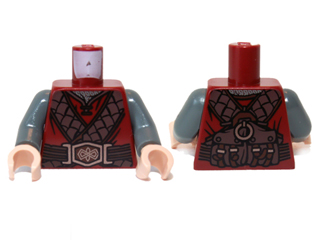 Display of LEGO part no. 973pb1149c01 which is a Dark Red Torso LotR Leather Straps and Belt Buckle Ornate Pattern (Gimli) / Dark Bluish Gray Arms / Light Nougat Hands 