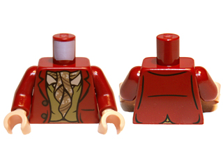 Display of LEGO part no. 973pb1276c01 which is a Dark Red Torso LotR Jacket with Buttons, Olive Green Vest, and Dark Tan Ascot Pattern / Arms / Light Nougat Hands 