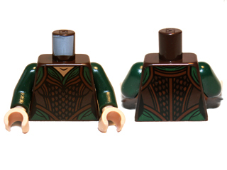 Display of LEGO part no. 973pb1282c01 which is a Dark Brown Torso LotR Tank Top over Dark Green Shirt Pattern / Dark Green Arms / Light Nougat Hands 