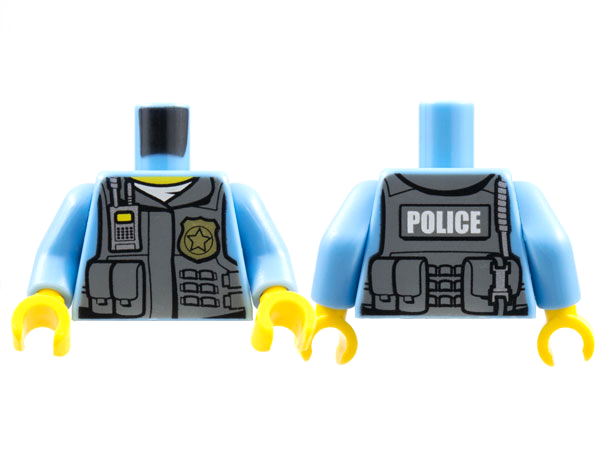 Display of LEGO part no. 973pb1350c01 which is a Medium Blue Torso Police Shirt with Dark Bluish Gray Vest, Gold Badge, Radio, White Undershirt and White 'POLICE' Pattern on Back / Arms / Yellow Hands 