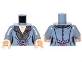 Display of LEGO part no. 973pb1440c01 which is a Sand Blue Torso LotR Dress with Gray Patterned Collar and Pink Sash Pattern (Arwen) / Arms / Light Nougat Hands 