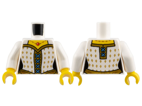 Display of LEGO part no. 973pb1468c01 which is a White Torso Castle Female Corset with Gold Diamonds, Blue Laces, Gold Belt and Necklace with Red Round Jewel Pattern / Arms / Yellow Hands 