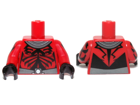 Display of LEGO part no. 973pb1484c01 which is a Red Torso SW Darth Maul Chest with Gray and Silver Collar and Belt Pattern / Printed Arms / Black Hands 