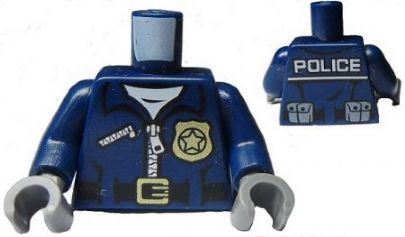 Display of LEGO part no. 973pb1547c01 which is a Dark Blue Torso Police Jacket with White Undershirt, Zippers, Gold Badge and Buckle with 'POLICE' Pattern on Back / Arms / Dark Bluish Gray Hands 