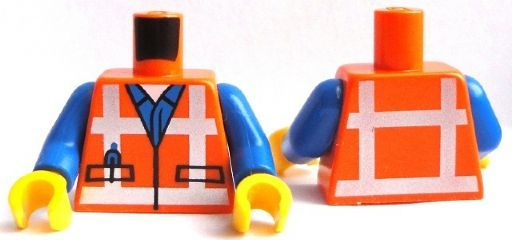 Display of LEGO part no. 973pb1561c01 which is a Orange Torso Safety Vest with Reflective Crossed Stripes over Blue Shirt Pattern / Blue Arms / Yellow Hands 