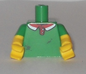 Display of LEGO part no. 973pb1771c01 which is a Green Torso Polo Shirt with Red and White Collar, Pizza Sauce Stains on Front Pattern / Yellow Arms with Molded Short Sleeves Pattern / Yellow Hands 