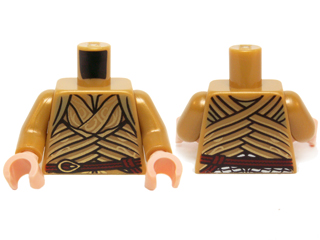 Display of LEGO part no. 973pb1800c01 which is a Pearl Gold Torso LotR Robe with Woven Gold Strips and Dark Red Belt Pattern (Elrond) / Arms / Light Nougat Hands 