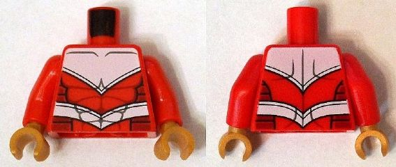 Display of LEGO part no. 973pb1858c01 which is a Red Torso Armor White with Black Muscles Outline and White Belt Pattern / Arms / Pearl Gold Hands 