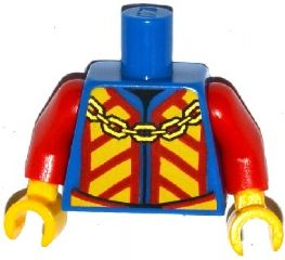 Display of LEGO part no. 973pb1876c01 which is a Blue Torso Castle King Jacket with Red and Yellow Chevrons and Gold Chain Pattern / Red Arms / Yellow Hands 
