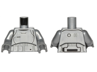 Display of LEGO part no. 973pb2128c01 which is a Flat Silver Torso SW Armor Stormtrooper Ep. 7 with Black, Gray and Silver Lines Pattern (Captain Phasma) / Arms / Dark Bluish Gray Hands 