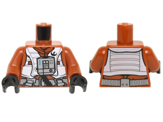 Display of LEGO part no. 973pb2131c01 which is a Dark Orange Torso SW Resistance Pilot Flight Suit with Straps and Black Hose Pattern / Arms / Black Hands 