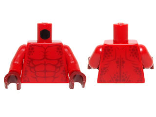 Display of LEGO part no. 973pb2195c01 which is a Red Torso Bare Chest with Muscles and Dark Spots Pattern / Arms / Dark Hands 