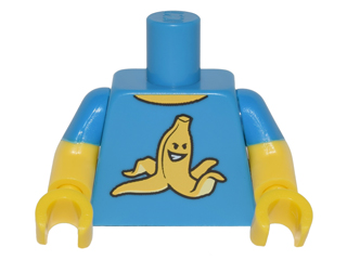 Display of LEGO part no. 973pb2222c01 which is a Dark Azure Torso T-Shirt with Yellow Grinning Banana Peel Pattern / Yellow Arms with Molded Short Sleeves Pattern / Yellow Hands 