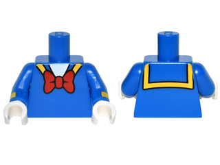 Display of LEGO part no. 973pb2308c01 which is a Blue Torso Sailor Suit with Yellow Collar Trim and Large Red Bow Tie Pattern / Arms with Yellow Stripe Pattern / White Hands 