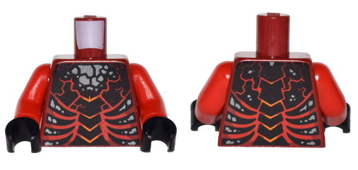 Display of LEGO part no. 973pb2439c01 which is a Dark Red Torso Nexo Knights Bare Chest with Bones, Cracks and Silver Stones Pattern / Red Arms / Black Hands 