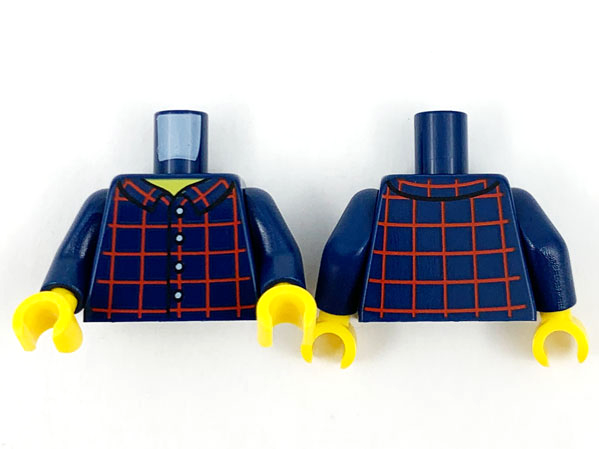 Display of LEGO part no. 973pb2513c01 which is a Dark Blue Torso Shirt Dark Red Plaid Front and Back, 4 White Buttons, Wide Yellow Neck Pattern / Arms / Yellow Hands 