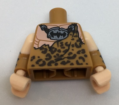 Display of LEGO part no. 973pb2563c01 which is a Medium Nougat Torso Batman Muscles Outline with Animal Print Top and Stone Batman Logo Pendant Pattern / Fur Cuffs with Light Nougat Upper Arms / Light Nougat Hands 